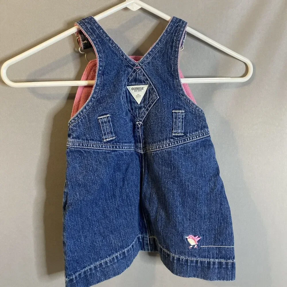 18 Month Osh Kosh B’gosh Denim Overall Vestbak Dress Fleece Lined Top Embroider